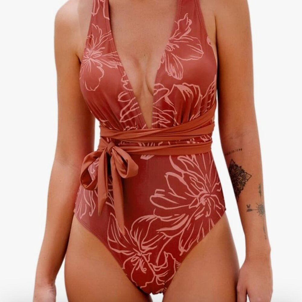 Sale! Cupshe 1-piece sexy deep v neck crisscross back self tie- X-LG. Red/Floral
